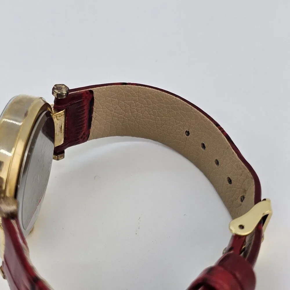 Women's Watch 38MM Cream Dial Roman‎ Numerals Red Faux Leather Bands New Battery